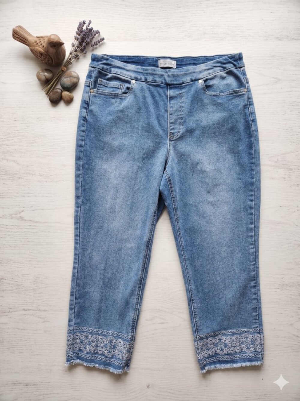 Northern Reflections Light Blue Denim Embroidered Hem Capris